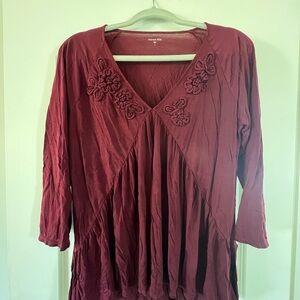 Garnet Hill Burgundy Top with Floral Embroidery